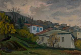View of Zagora at Dusk — Oil painting, Fiberboard, 38.00×55.00cm — Theodoros Markellos